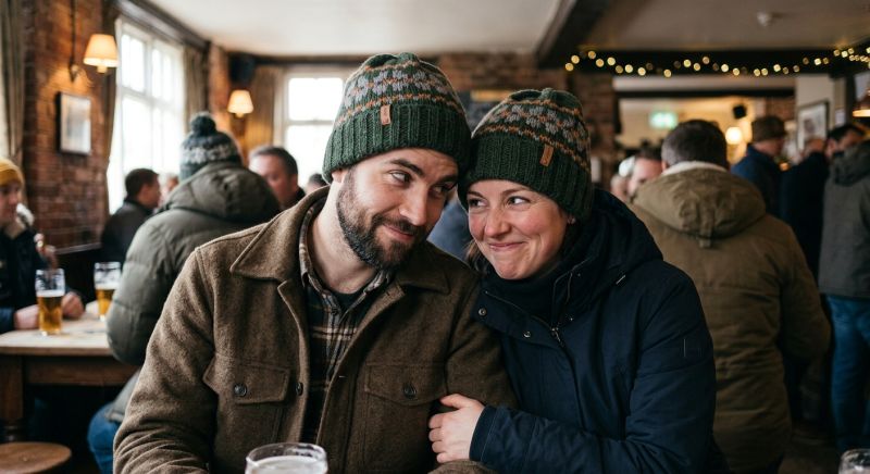 couple complice portant des bonnets assortis en hiver