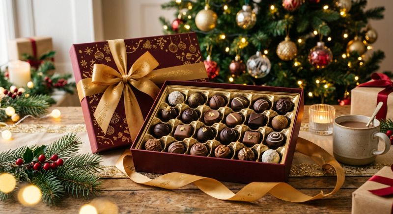 coffret de chocolats ouvert avec ruban, ambiance cadeau de fêtes