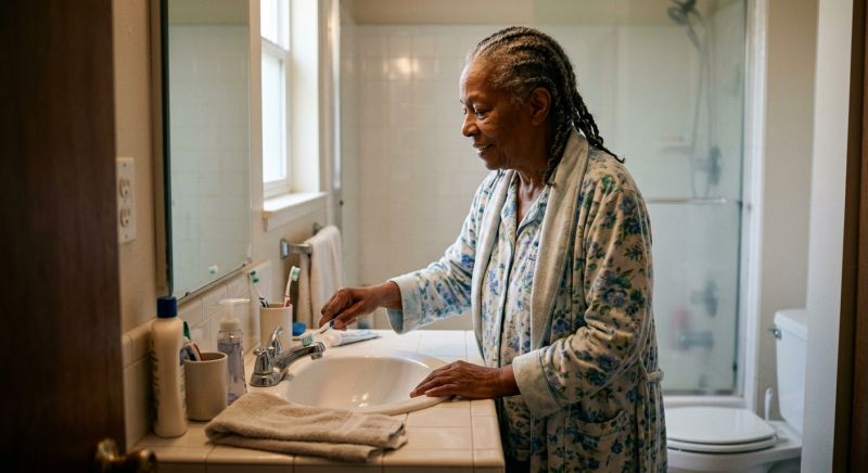 personne pratiquant ses soins d'hygiène en autonomie