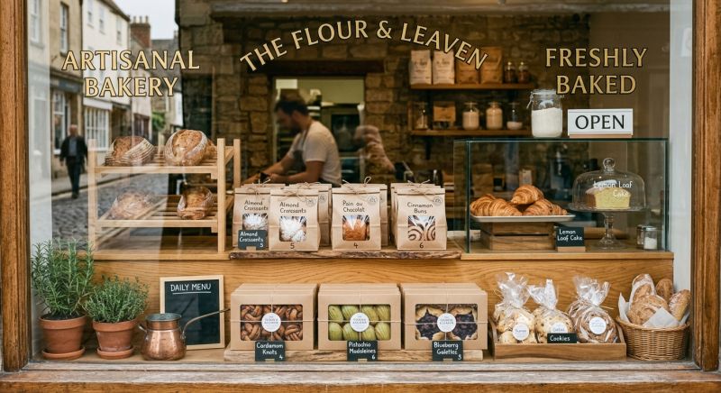 vitrine de boulangerie artisanale avec viennoiseries emballées