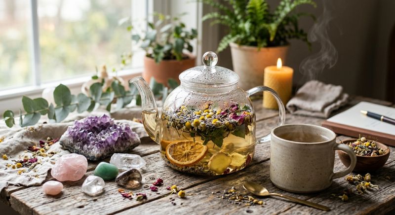 tisane aux herbes et pierres naturelles pour le bien-être