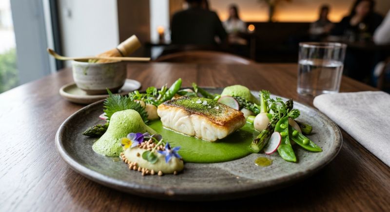 plat gastronomique parfumé au thé matcha