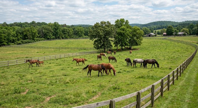 grand pré clôturé avec plusieurs chevaux