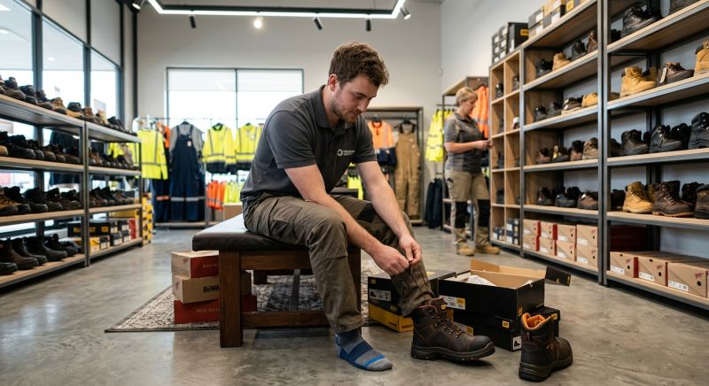 salarié essayant des chaussures de sécurité en magasin professionnel