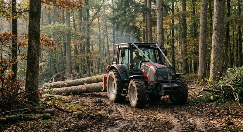 tracteur forestier français au travail entre les arbres