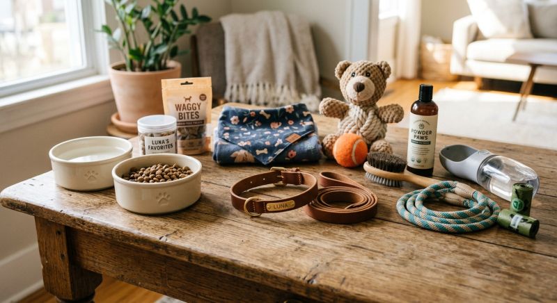 accessoires pour chien disposés sur une table