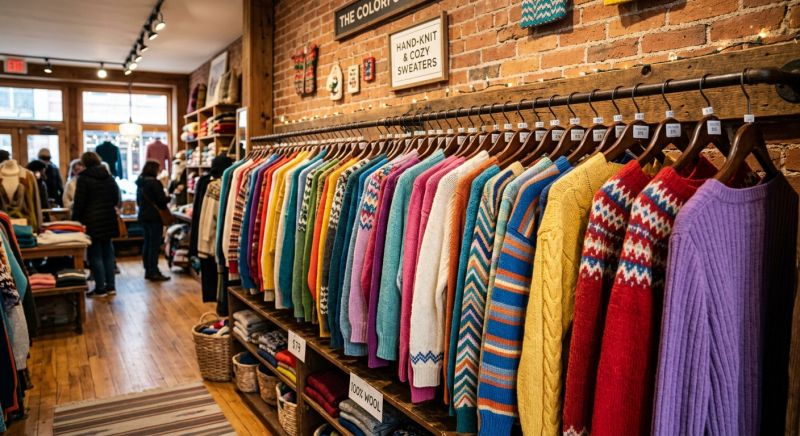 collection de pulls colorés suspendus en boutique