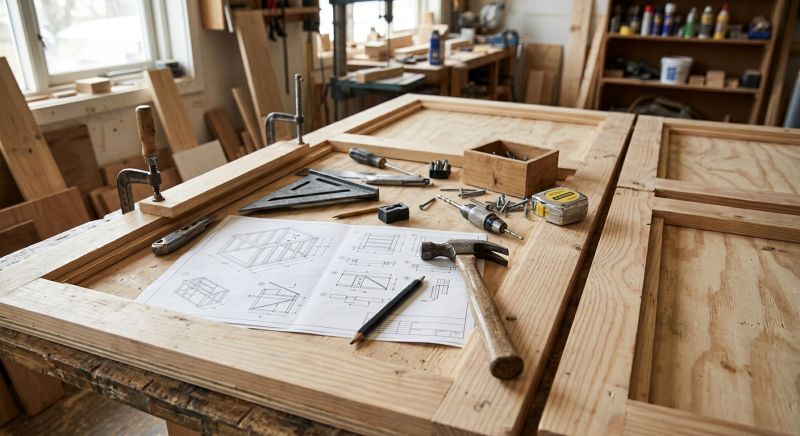 outils et plans de montage pos&eacute;s sur des panneaux d'ossature bois