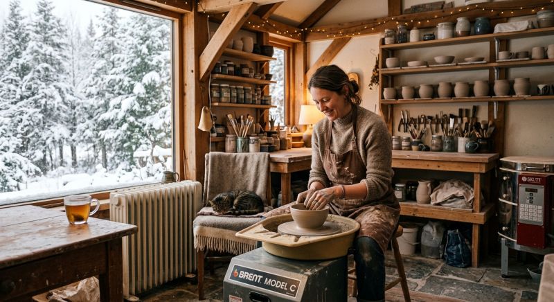atelier de poterie chaleureux à la maison en hiver