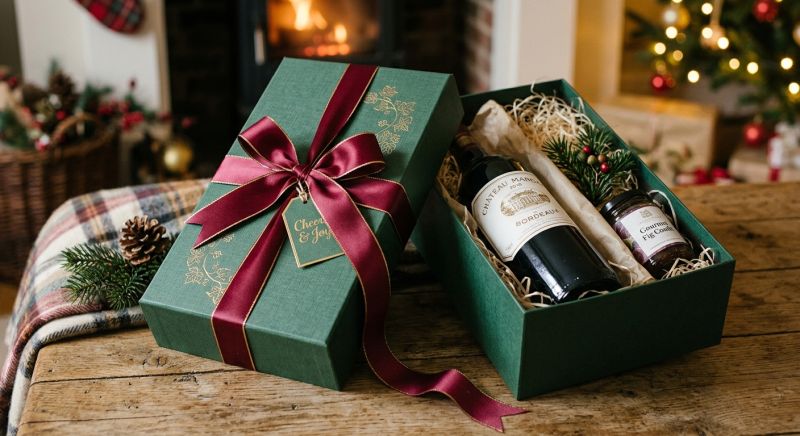 coffret cadeau avec bouteille de vin et ruban