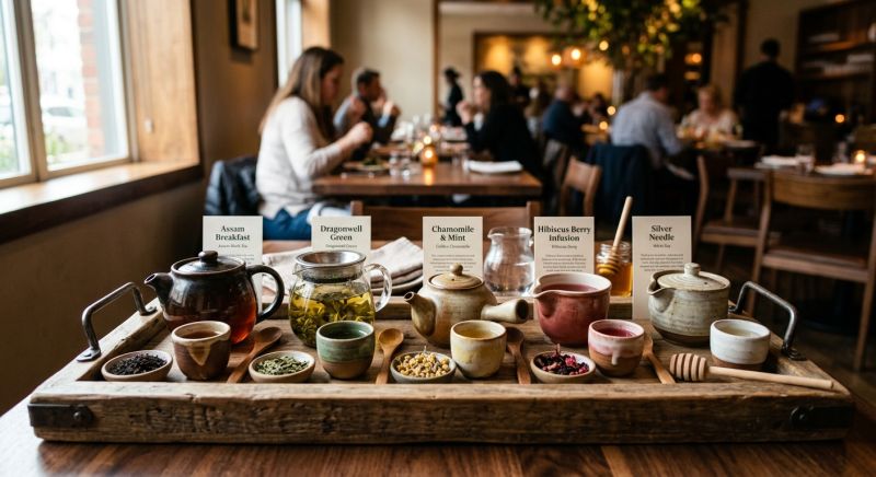 sélection de thés servie sur un plateau au restaurant