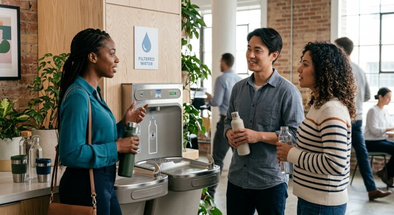 salariés discutant près d'une fontaine à eau sans plastique jetable