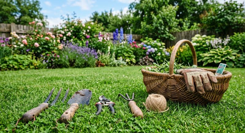 outils de jardinage posés sur une pelouse