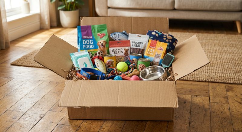 carton de livraison ouvert rempli de produits pour animaux de compagnie