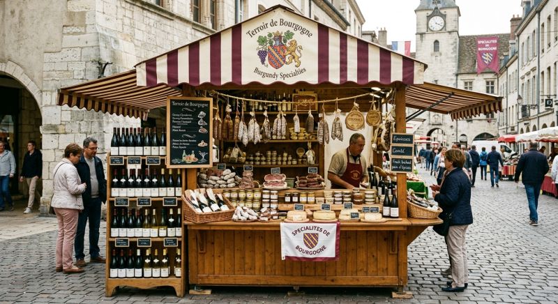 étal de marché gourmand bourguignon en centre-ville