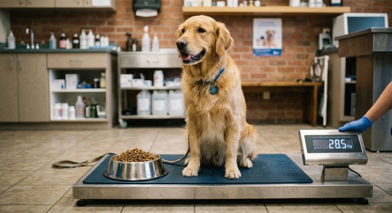 chien pesé sur une balance vétérinaire avec sa gamelle de croquettes