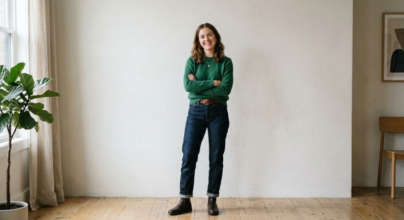 femme en pull uni et jean brut devant un mur clair