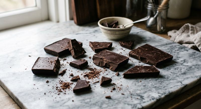 tablettes de chocolat noir brisées sur un plan de travail en marbre