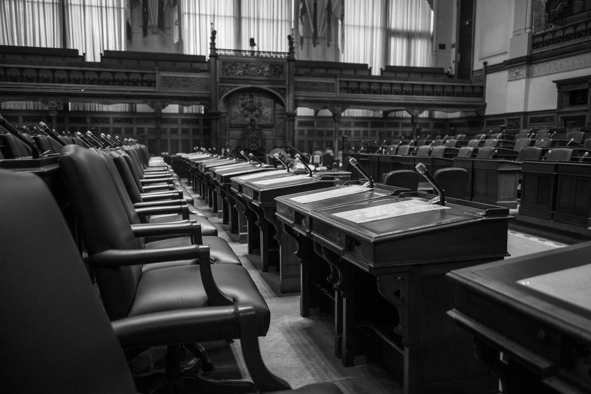 Salle parlementaire vide avec fauteuils, pupitres et microphones Salle parlementaire vide avec fauteuils, pupitres et microphones